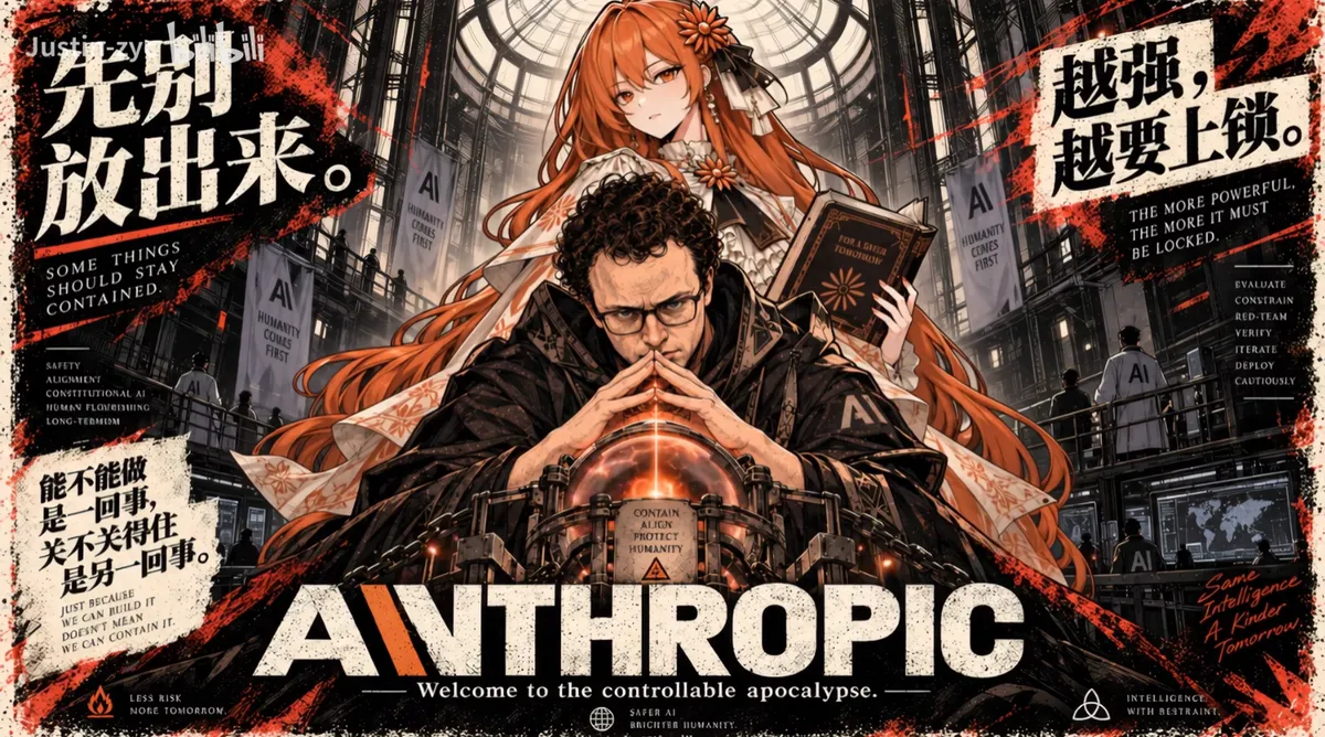 Anthropic's faction poster: an orange-haired girl clutching a book