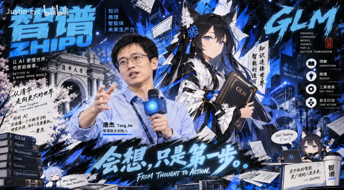 GLM (智谱) faction poster: a black-haired girl clutching a book