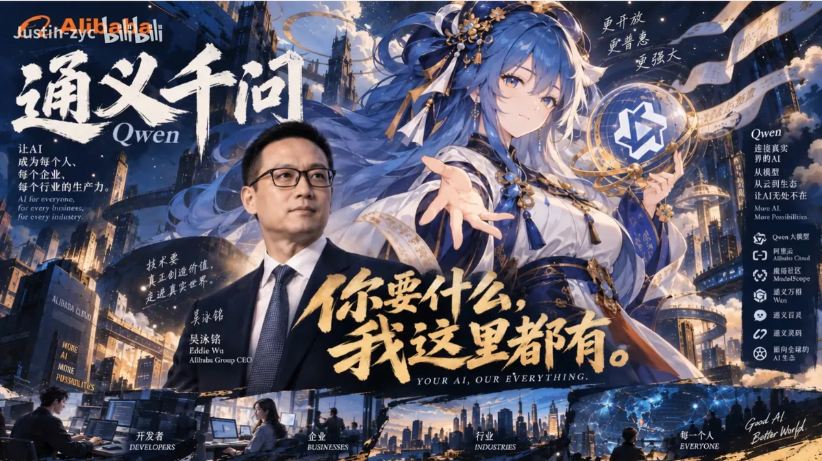 Qwen (通义千问) faction poster: a blue-haired girl