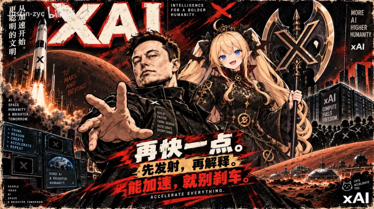 xAI's faction poster: a blonde girl wielding an axe