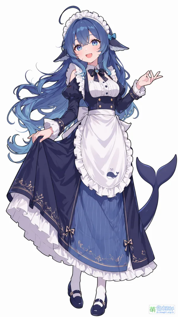DeepSeek-tan in a navy and white maid outfit, with long blue hair, a whale's head fin and a whale's tail